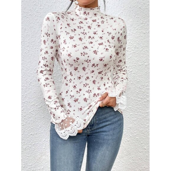 Rib Knit Ditsy Floral Print Embroidery Mesh Flare Sleeve Mock Neck Tee - Picture 4 of 9